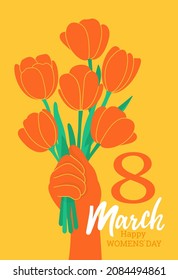 Postal de mano con tulipanes rojos en la mano para el Día de la Mujer. Ilustración vectorial colorida. 8 de marzo.