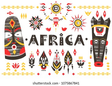 Hand-drawn poster with the African masks, flowers and lettering "Africa".