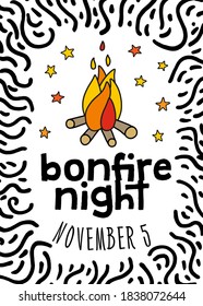 Hand-drawn poster with "bonfire day" lettering.