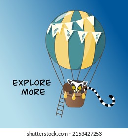 Handdrawn poster with a cute lemur flying in an air balloon. Perfect for kids room or textile design.