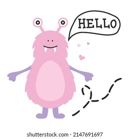 Hand-drawn poster with a cute monster. Doodle style. Vector illustration in scandinavian style. Pink fluffy monster.