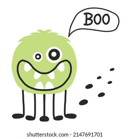 Hand-drawn poster with a cute monster. Doodle style. Vector illustration in scandinavian style. Green fluffy monster.