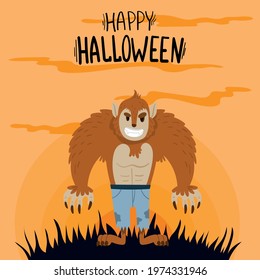 Hand-drawn poster with cute werewolf. Lettering. Orange background. Vector illustration