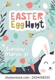 Handdrawn poster Egg hunt. Colourful cute vector template.