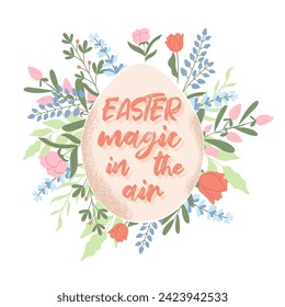 Handdrawn poster with egg surrounded by spring flowers. Easter magic in the air. Vector design.