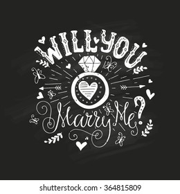 Handdrawn poster Ã?Â«Marry MeÃ?Â» with engagement ring, hearts and swirls. Engagement party invitation. Save the date card design. Love lettering with engagement ring Valentine card.
