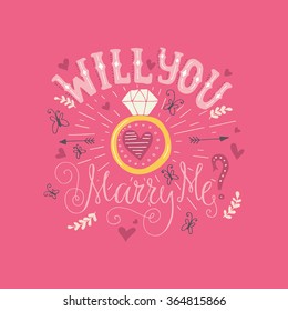 Handdrawn poster Ã?Â«Marry MeÃ?Â» with engagement ring, hearts and swirls. Engagement party invitation. Save the date card design. Love lettering with engagement ring. Vector valentine card.
