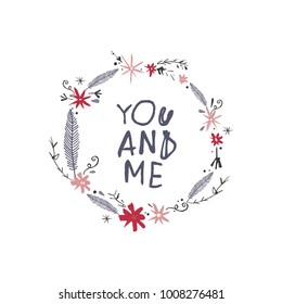 Handdrawn poster, floral frame. Decor elements, cute animal. Vector, clip art.