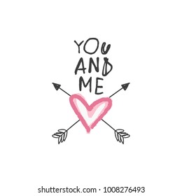 Handdrawn poster, heart and arrows. Decor elements, cute label. Valentine's day card. Vector, clip art.