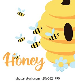 Hand-drawn poster with hive and bees. Poster or postcard for a honey store. Honey concept.