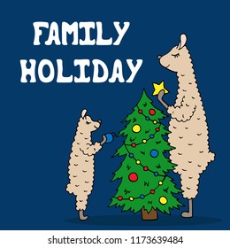 Hand-drawn poster with a lama family decorate the Christmas tree. 