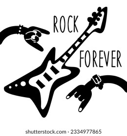 Hand-drawn poster of a rock festival. A pair of hands with a Rock sign and a guitar in black. The rock and roll sign. Rock hands with guitar on white background. print for concerts