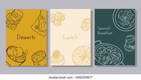 Hand-drawn poster set with traditional Spanish cuisine dish and desserts. Design sketch element for menu cafe, bistro, restaurant, bakery and packaging.  Colorful vector illustration.