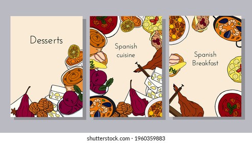 Hand-drawn poster set with traditional Spanish cuisine dish and desserts. Design sketch element for menu cafe, bistro, restaurant, bakery and packaging.  Colorful vector illustration.