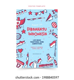 Hand-drawn poster template Indonesia Independence day, Dirgahayu means celebration, Merdeka means Independence