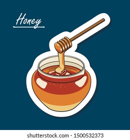 Hand-drawn pot of honey. Colorfull illustration of dessert.