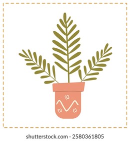 Hand-drawn potted plant with green leaves in a decorative pot. Simple vector illustration 