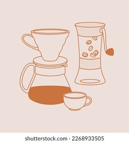 Hand-drawn pour over with a cup of coffee and grinder. Line art. Vector illustration for coffee shops, cafes, and restaurants.