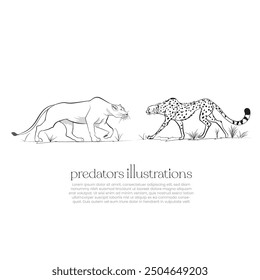 Hand-drawn predators illustrations, Vector drawing of lioness and Cheetah, Cheetah protecting her cubs from lioness