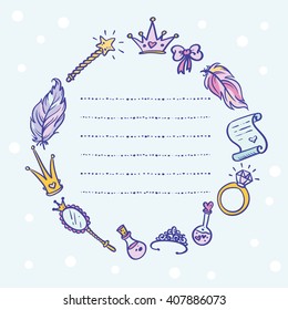 Hand-Drawn Princess Doodle Design Elements frame with place for your text. Vector  Illustration card
