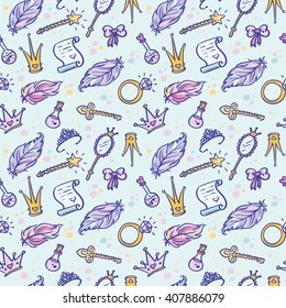 Hand-Drawn Princess Doodle Design Elements pattern. Vector seamless Illustration