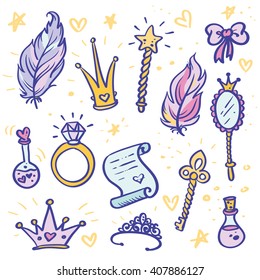 Hand-Drawn Princess Doodle Design Elements Set. Vector Illustration