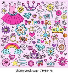 Hand-Drawn Princess Notebook Doodle Design Elements Set on Pink Lined Sketchbook Paper Background- Vector Illustration