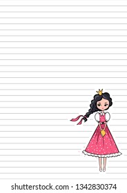 Hand-drawn Princess on a notebook sheet in a ruler. Girl in the crown holding a book. Vector illustration