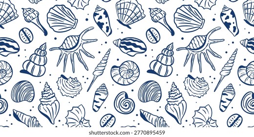 Hand-drawn print of shells and mollusks in Mediterranean style. Underwater ocean creatures, navy blue illustrations on white background. Marine seamless pattern for textiles, packaging, paper, and wallpaper. Vector elements