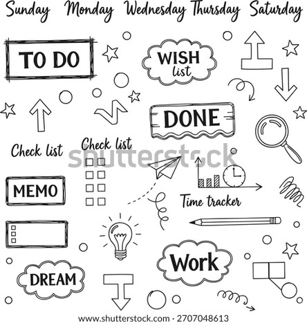 Hand-drawn productivity doodles, planner elements vector, organizational sketch icons, to-do list illustration, checklist and memo design, time tracker graphic, creative planning artwork