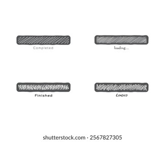 Hand-drawn progress bar icons showing "Completed," "Loading...", "Finished," and "Loaded" statuses.  Perfect for websites, apps, or presentations needing a unique, sketched style.