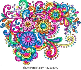 Desenhado à Mão Psicodélico Abstrato Groovy Henna Paisley Vetor Ilustração