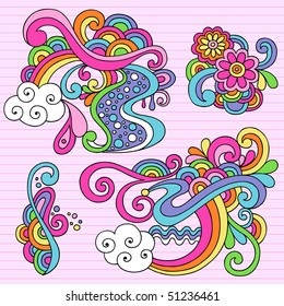 Hand-Drawn Psychedelic Abstract Notebook Doodles Design Elements on Lined Sketchbook Paper Background- Vector Illustration