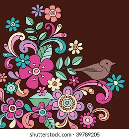 Hand-Drawn Psychedelic Abstract Paisley Henna Flower and Bird Doodles Vector Illustration