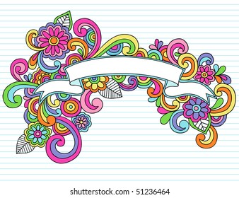 Hand-Drawn Psychedelic Banner / Scroll Notebook Doodle Design Element on Lined Sketchbook Paper Background- Vector Illustration