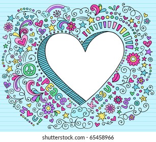 Hand-Drawn Psychedelic Groovy  3D Heart Notebook Doodle Design Elements on Blue Lined Sketchbook Paper Background- Vector Illustration