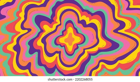 Hand-drawn Psychedelic Groovy Background. Colorful Psychedelic Optical Illusion. Trippy Distorted Image With Light Diffraction Effect In The Psychedelic Style Of The '80s - 90s Vaporwave. Vector Eps10