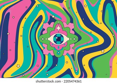 Hand-drawn psychedelic groovy background. Colorful psychedelic optical illusion. Trippy distorted image with light diffraction effect in the psychedelic style of the '80s - 90s vaporwave. Vector Eps10