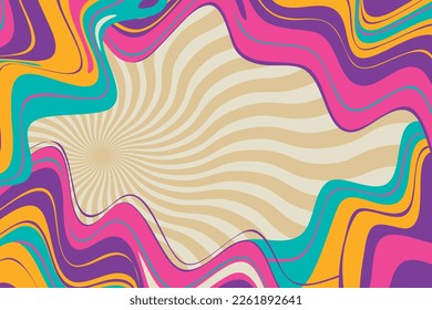 Handgezeichnet, psychedelischer, grauem Hintergrund. Farbige psychedelische optische Täuschung. Trippy verzerrtes Bild mit Lichtbeugungseffekt im psychedelischen Stil der 80er - 90er Jahre. Vektorgrafik-EPS10