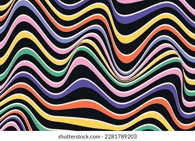 Hand-drawn psychedelic groovy background. Colorful sychedelic optical illusion. Trippy distorted image with light diffraction effect in the psychedelic style of the '80s - 90s vaporwave. Vector Eps10