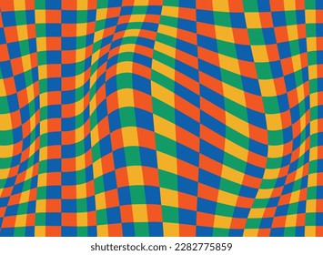 Hand-drawn psychedelic groovy background. Colorful psychedelic optical illusion. Trippy distorted image with light diffraction effect in the psychedelic style of the '80s - 90s vaporwave. Vector Eps10