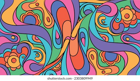 Hand-drawn psychedelic groovy background. Colorful psychedelic optical illusion. Trippy distorted image with light diffraction effect in the psychedelic style of the '80s - 90s vaporwave. Vector Eps10