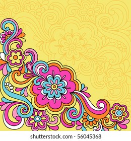 Hand-Drawn Psychedelic Groovy Flower and Swirls Notebook Doodles on Yellow Background- Vector Illustration