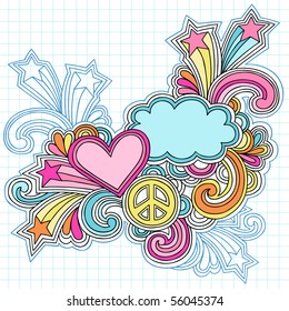 Hand-Drawn Psychedelic Groovy Heart, Clouds, and Peace Sign Notebook Doodles on Graph (Grid) Sketchbook Paper Background- Vector Illustration