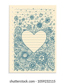 hand-drawn psychedelic groovy heart notebook doodles on graph sketchbook paper background- vector Illustration