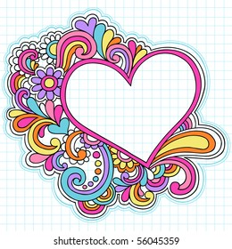 Hand-Drawn Psychedelic Groovy Heart Notebook Doodles on Graph (Grid) Sketchbook Paper Background- Vector Illustration