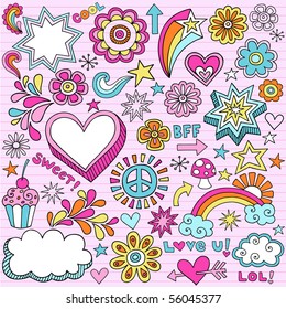 Hand-Drawn Psychedelic Groovy Notebook Doodle Design Elements Set on Pink Lined Sketchbook Paper Background- Vector Illustration