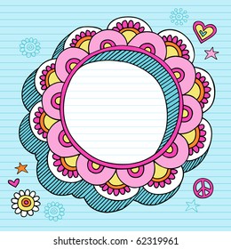Hand-Drawn Psychedelic Groovy Notebook Doodle Circular Flower 3D Frame Design Element on Blue Lined Sketchbook Paper Background- Vector Illustration
