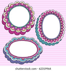Hand-Drawn Psychedelic Groovy Notebook Doodle Set of 3D Flower Frames- Design Elements on Pink Lined Sketchbook Paper Background- Vector Illustration