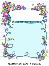 Hand-Drawn Psychedelic Groovy Notebook Doodle Speech Bubble Frame with Stars on Blue Lined Sketchbook Paper Background- Vector Illustration